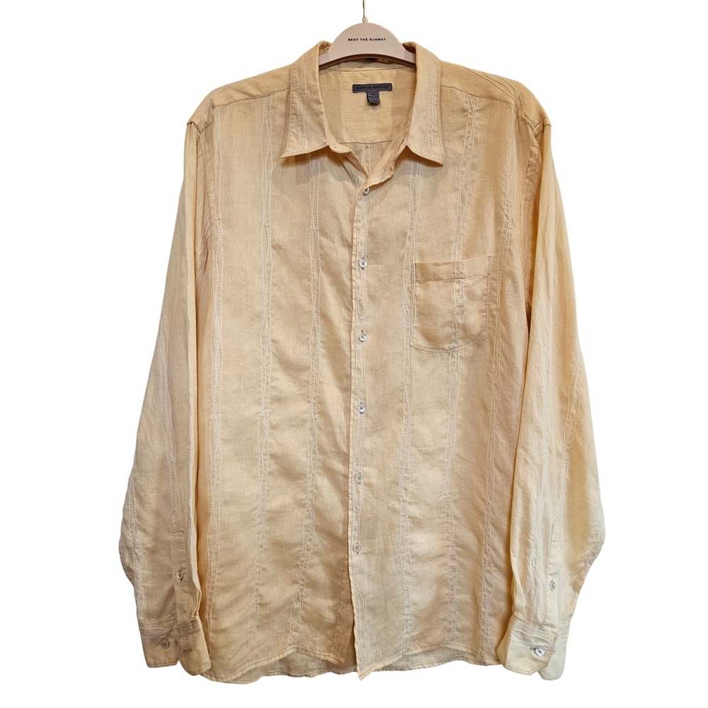 Martin Gordon Mens XL 100% Linen Button Down Shirt Embroidered Beach Vacation